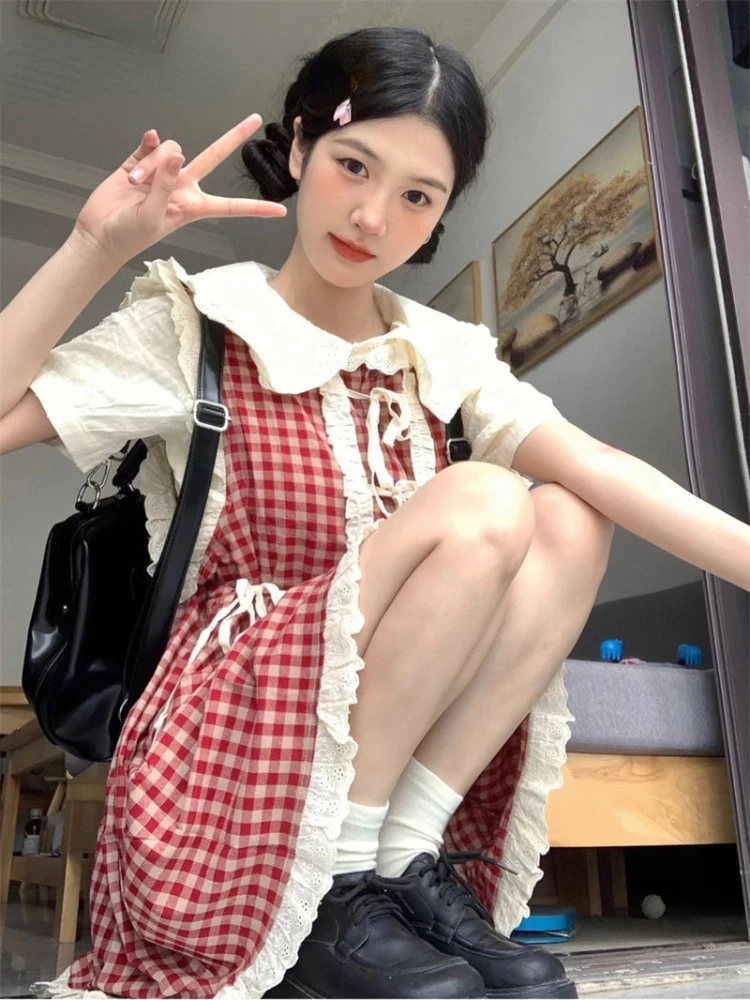 Fashion Sweet Matching Sets Peter Pan Collar Puff Sleeve Shirts Ruffles Lace Up Plaid Dress Preppy Style Summer Women's Clothing