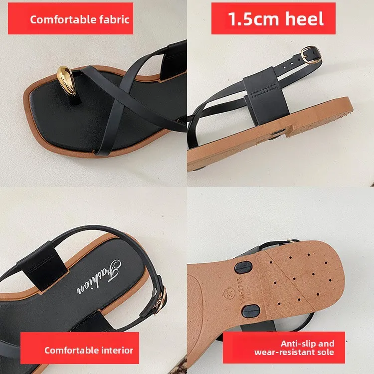 2026 Damen Sandalen mit flachem Absatz, Zehenclip, lässige Römersandalen, Sommer, schmaler Riemen, Knöchelschnalle, Strandschuhe für Damen – Detail 20
