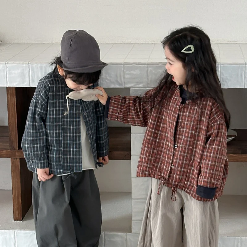 

1-7Y Girls Boys Japanese Style Clothes New Spring Kids Plaid Casual Shirt Coat 2026 Children Drawstring Light Blouse Top
