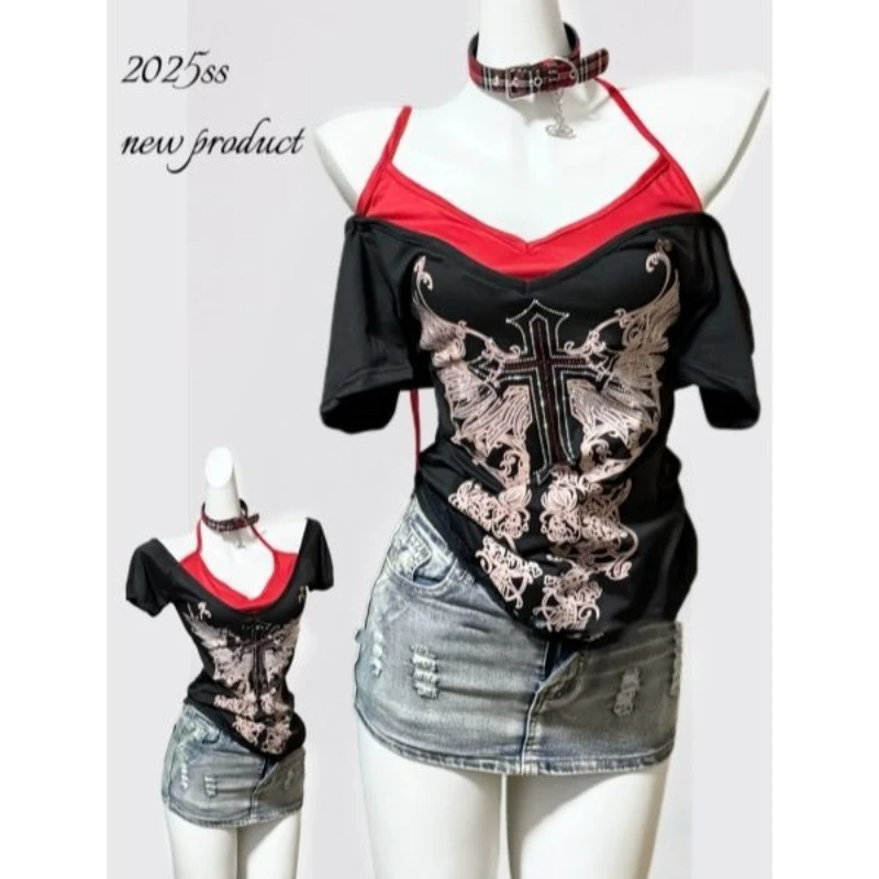 Y2k Subculture Print Long Sleeve T-Shirt Women Casual Punk Style Streetwear Two-In-One Top Bodycon Skew Neck 2025 New Arrival