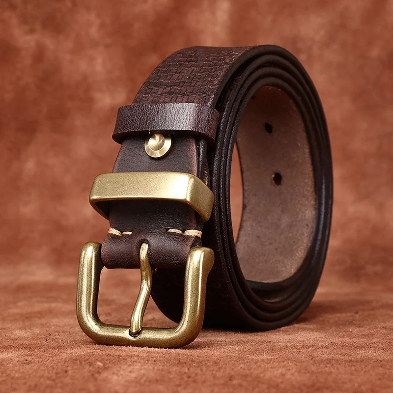 Men's Leather Belt Heavy Washed Old Vintage Embossed First Layer Cowhide Belt Men's Genuine Leather Copper Buckle Jeans Belt