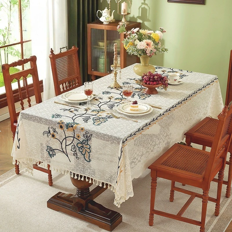 

Romantic Lace Tablecloths American Vintage Style Tassel Decoration Hollow Flower Dining Table Cloth Home Embroidery Table Cover