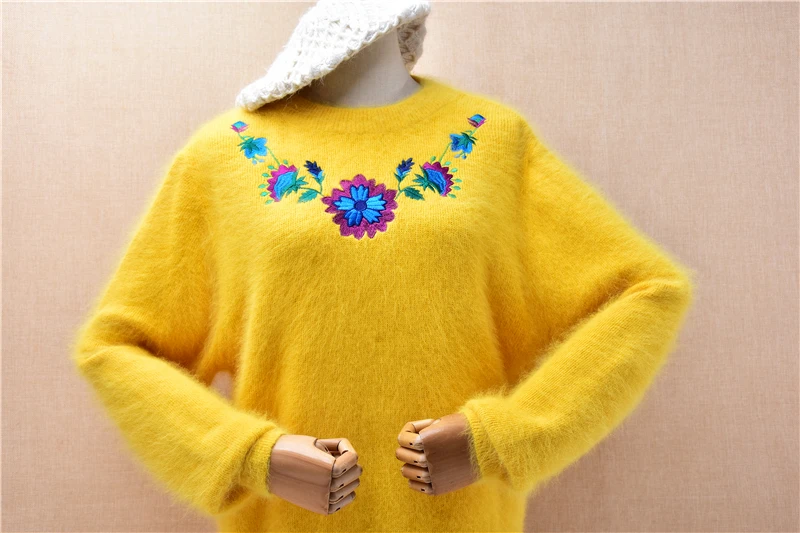 Ladies Women Autumn Winter Vintgae Flower Hairy Angora Rabbit Hair Knitted O-Neck Long Sleeves Loose Pullover Sweater Jumper Top