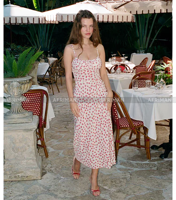 Vestido largo de seda 100% con estampado de rosas rojas sin tirantes sexy para vacaciones para mujer