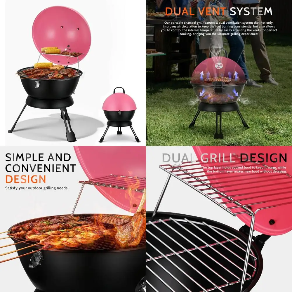 

14-дюймовый портативный гриль для барбекю, небольшой уличный гриль с двойной системой вентиляции и подставкой для подогрева для пикника, кемпинга, заднего двора, розовый