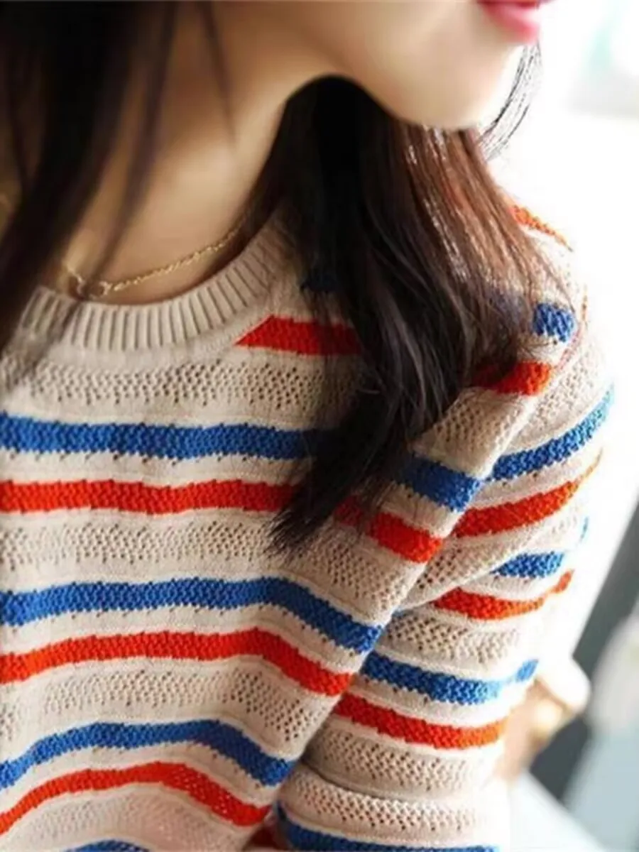 2024 Korean Version Charming Striped autumn winter women's O-neck pullover High Quality sweater loose Classy Eye-catching