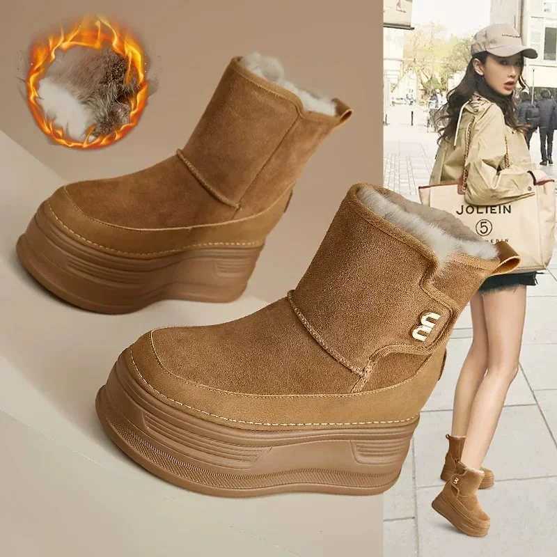 2024 High quality Suede Cow Genuine Leather Platform Wedge Winter Plush Women Boots Hidden Heels Spring Warm Ankle Booties