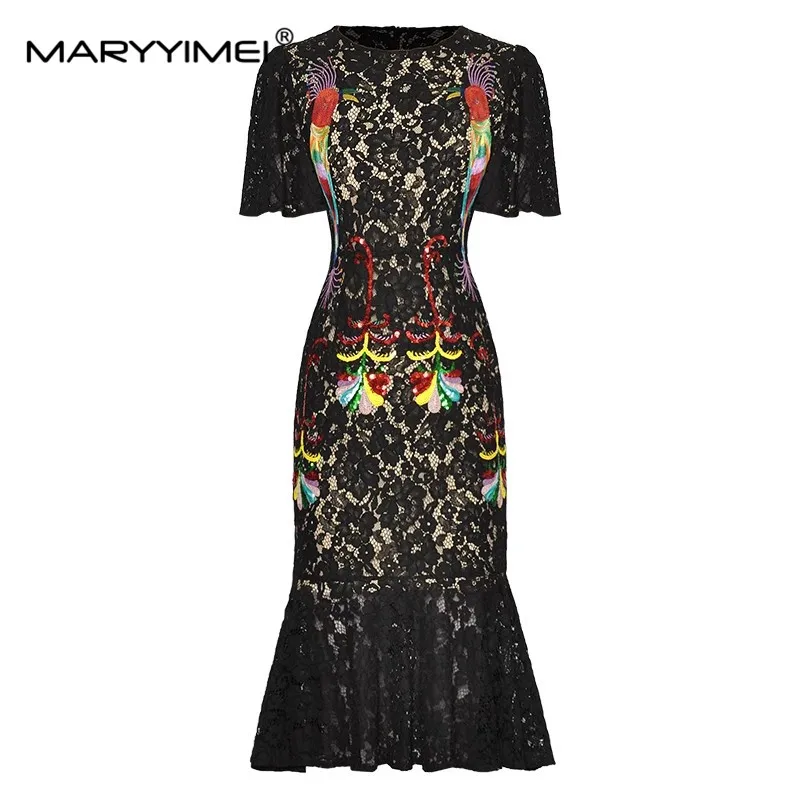 

MARYYIMEI Fashion Designer Summer Women's dress Short sleeved Lace Parrot sequins Package hip Slim Black Mermaid Dresses