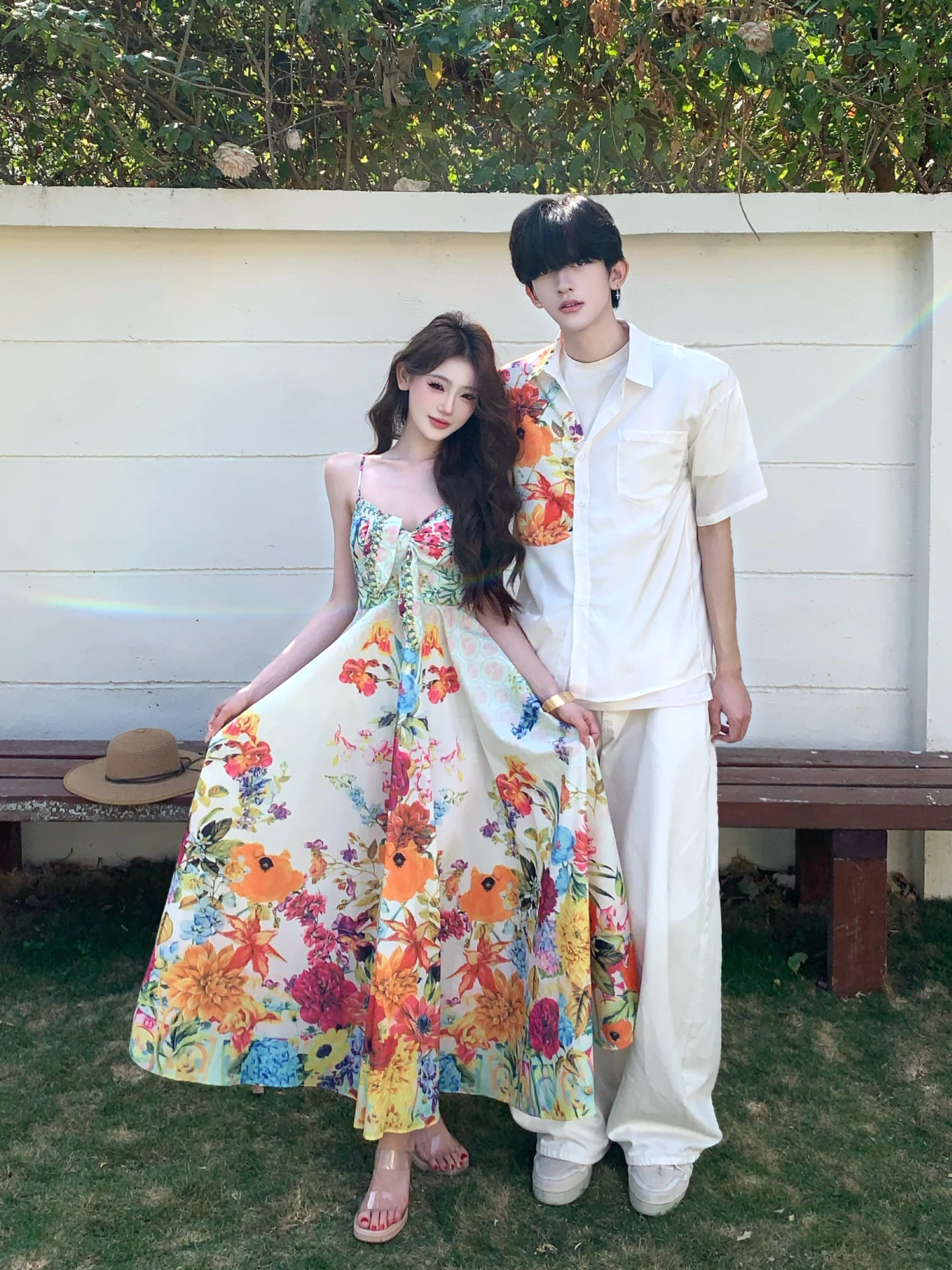 

Vacation Style Couple Matching Short Sleeve Shirt Floral Print Wrap Dress Men's Casual Breathable Summer Fashion French Style