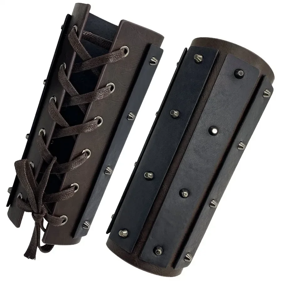 Men Medieval Retro PU Leather Armor Arm Warmers Lace-Up Viking Knight Pirate Gauntlet Wristband Bracer Cosplay Accessories
