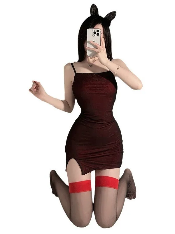 الحمالة مثير ملهى ليلي الكل في واحد الجوارب ناضجة الصلبة الرغبة النقية جوارب الحرير الأحمر المتناقضة حافة حمراء فستان طويل أنبوب 3MF2