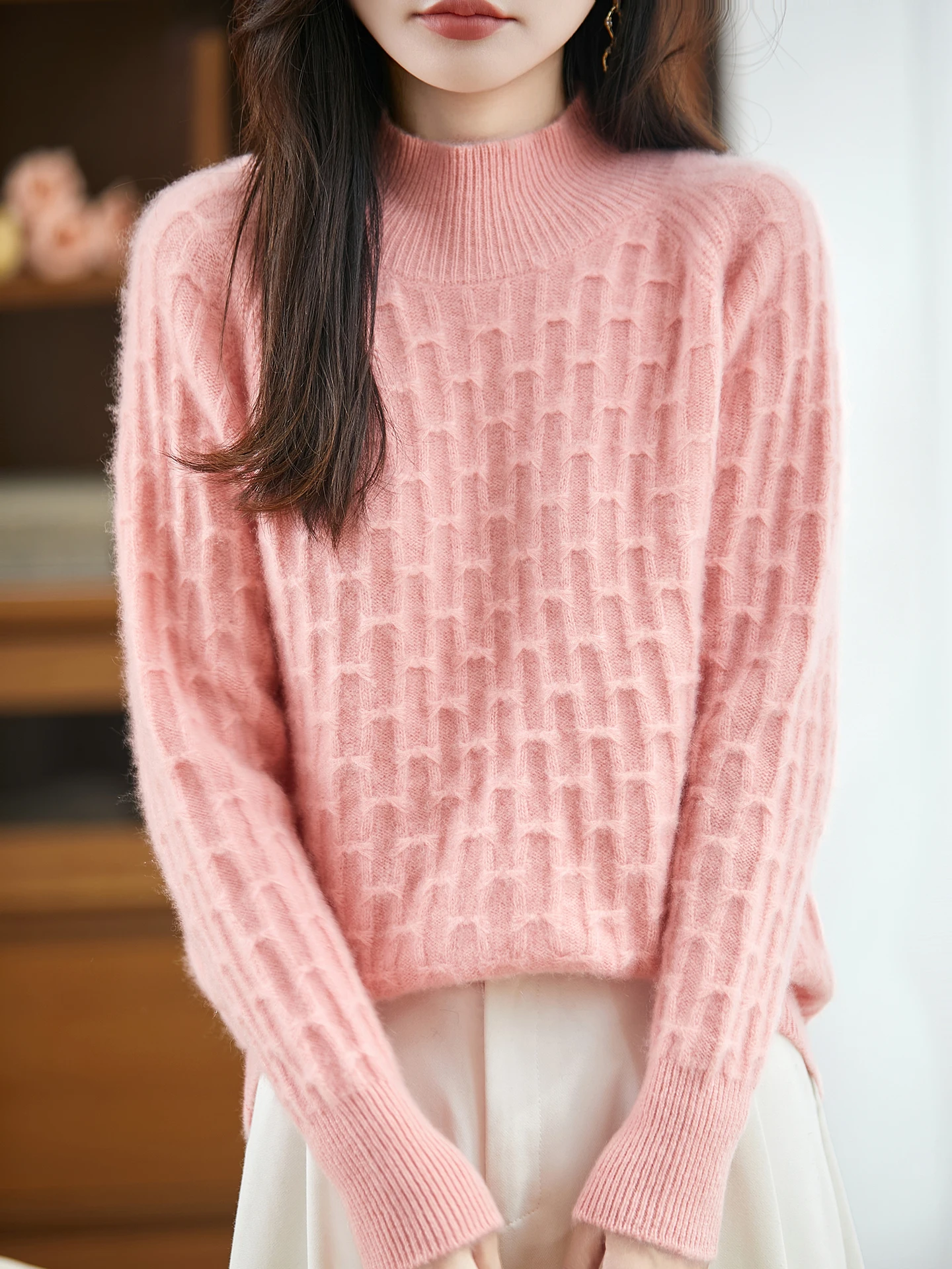 

Женский модный пуловер из 100% мериносовой шерсти, однотонный, с воротником-стойкой, свободный вязаный топ с бантом и вышивкой, толстый, приятный для кожи, удобный топ