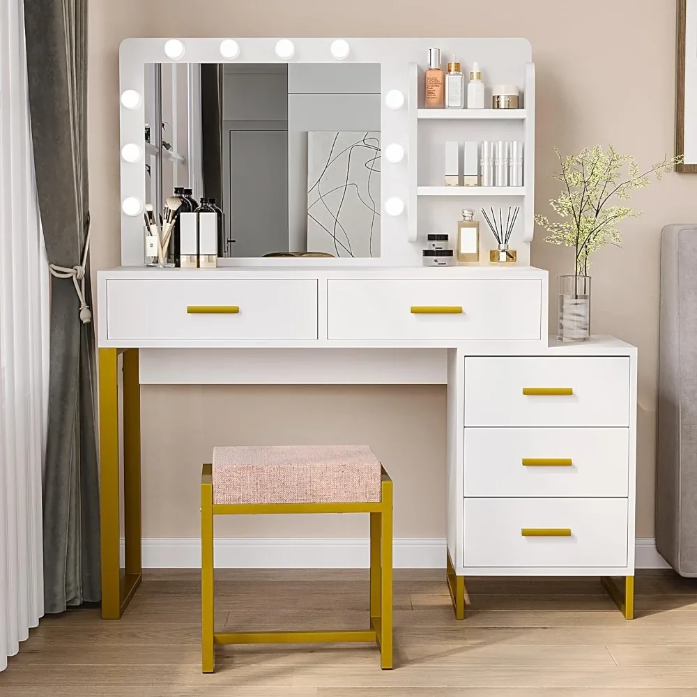 

Makeup Vanity Desk with 10 LED Lights Mirror and 5 Drawers, 2 Open Shelves Dressing Table with Side 3-Drawer Chest