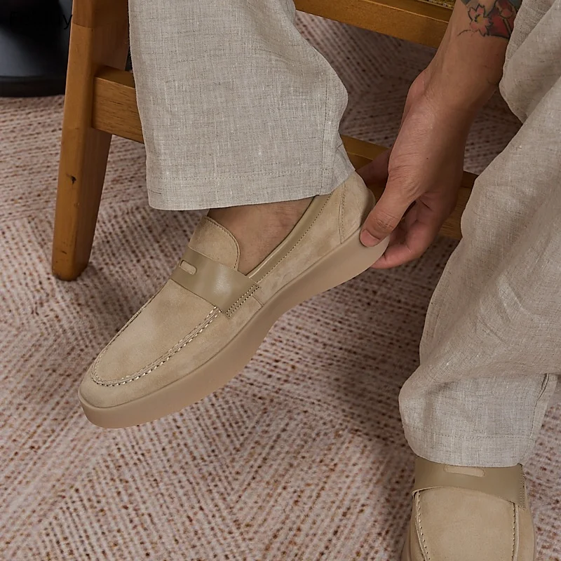 Apricot Men's Casual Genuine Leather Shoes Men Cow Suede Platform Soled Outdoor Commuting Flat Shoes Loafers Men Casual Shoes