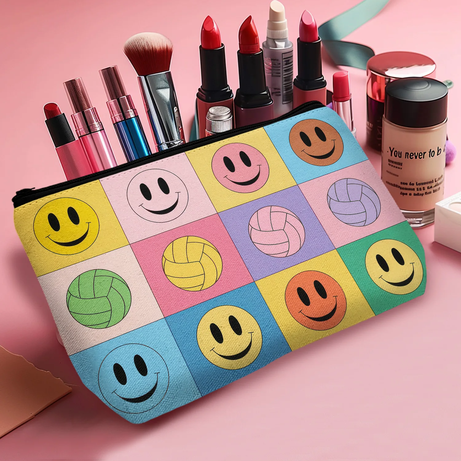 1Pc Volleyball Smile Colorful Cosmetic Bag Durable And Stylish With Zipper Portable Women'S Cosmetic Bag Suitable For Daily Use