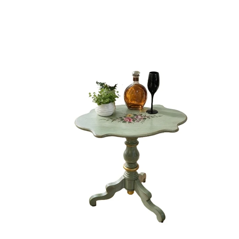 Fresh hand-painted narrow-sided table with light green finish and gold trim, vintage floral pattern living room table