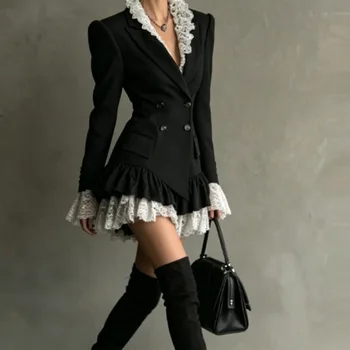Alternative view of Chic Patchwork Lace Blazer Dress Women Autumn Winter Commute Lapel Long Sleeve Slim Fit Mini Dresses Double Breasted Suit Dress