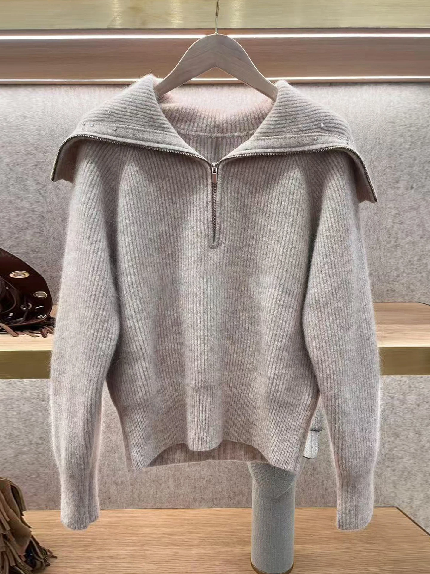 

M Home Nan You High End Women's Casual Knitted Sweater Collared Top Versatile Comfortable mid Weight Long Sve Knitwear