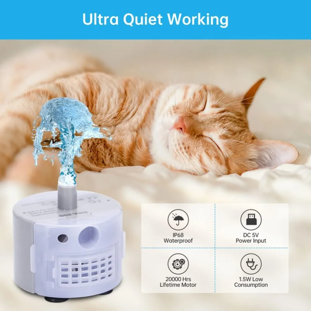 Pet Fountain Motor Submersible Pump Cat Water Drinker USB Water Pump Replacement Pump with LED Light Cats Fountain Accessories