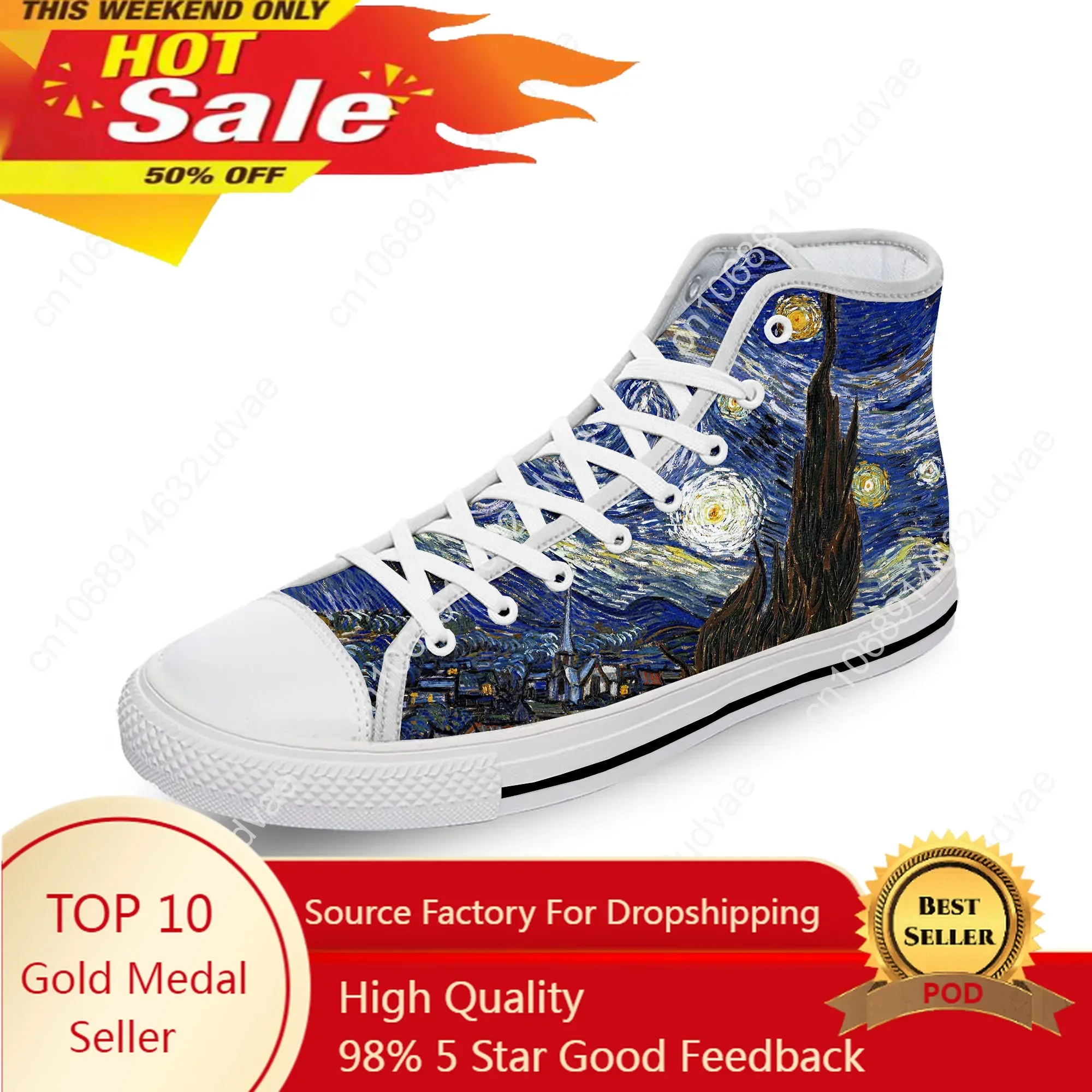 

Van Gogh Oil Painting Aesthetic Starry Night White 3D Print High Top Canvas Shoes Men Women Lightweight Breathable Sneakers