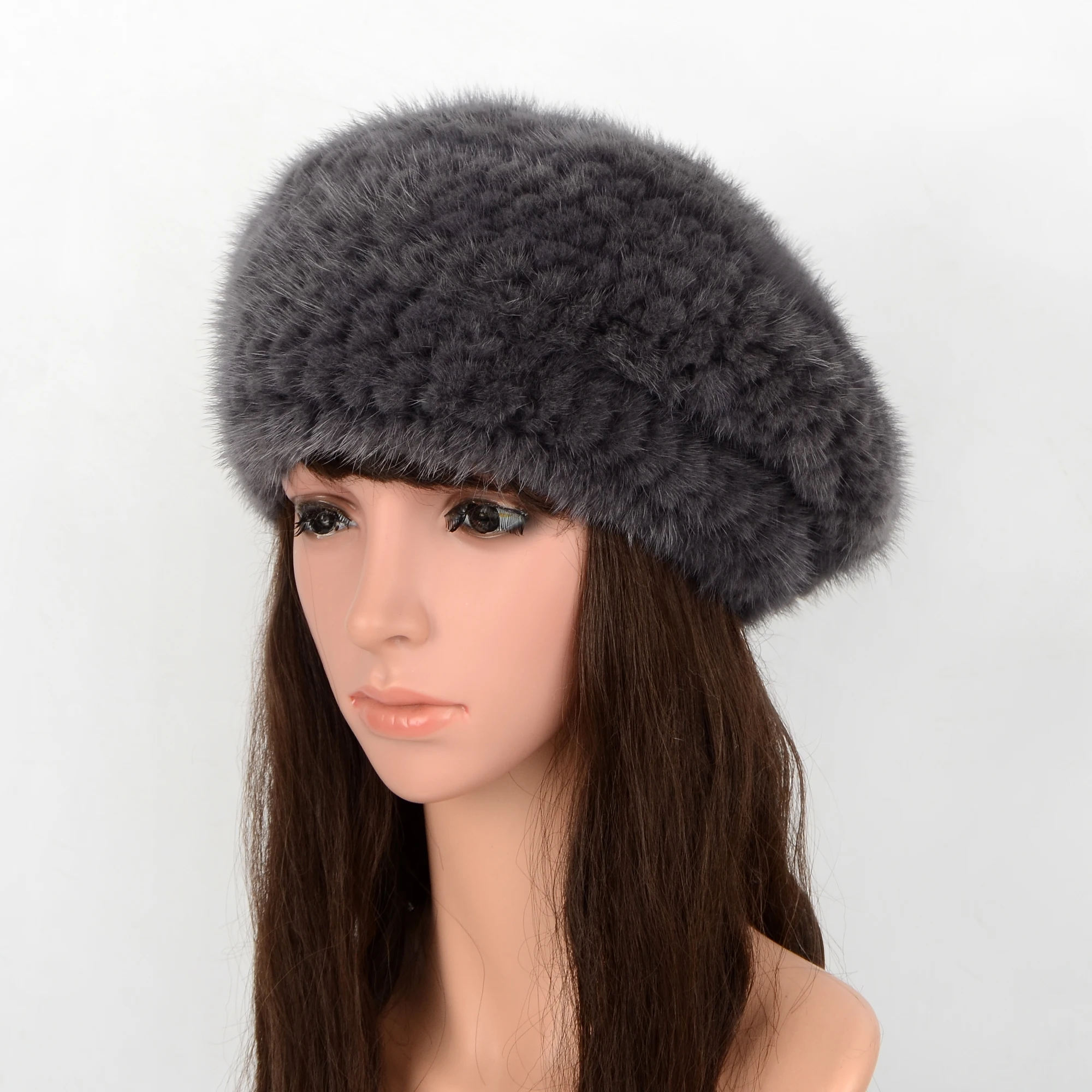 Foreign trade Women Natural mink fur knitted hats in autumn and winter warm ear protection British fashion  Lady hats i