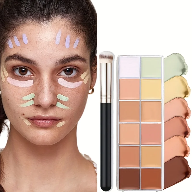 12 色補正コンシーラーパレット、コンシーラーブラシ付き、クリーム輪郭メイクアップキット、タトゥーコンシーラー、くまを補正