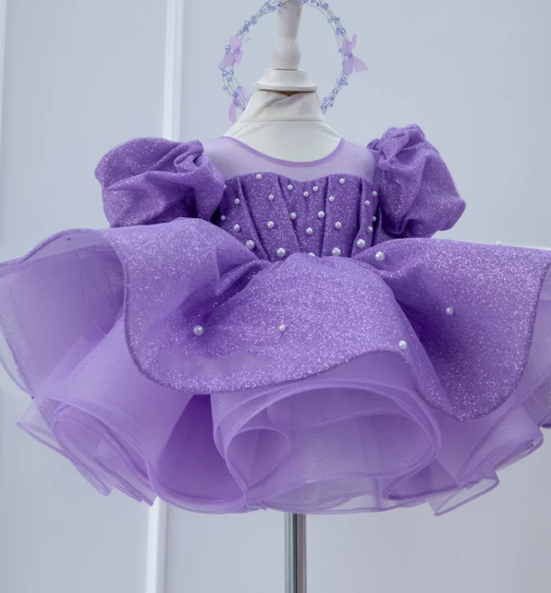 New Customizable Short Flower Girl Dress O Neck Puff Sleeve Princess Tutu Outfit Kid First Birthday Dresses Size 1-10T