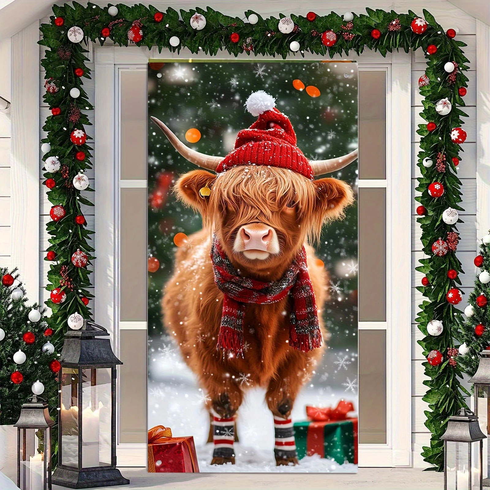 خطة ثنائية الأبعاد، قطعة واحدة، زخرفة بوابة البقرة الاسكتلندية لعيد الميلاد، غطاء زينة لطيف للعطلات #3