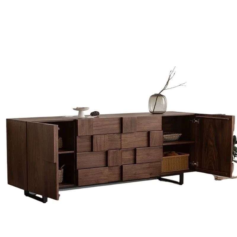 Walnut-colored solid wood multi-chest cabinet, Japanese-style living room modern simple storage locker against the wall