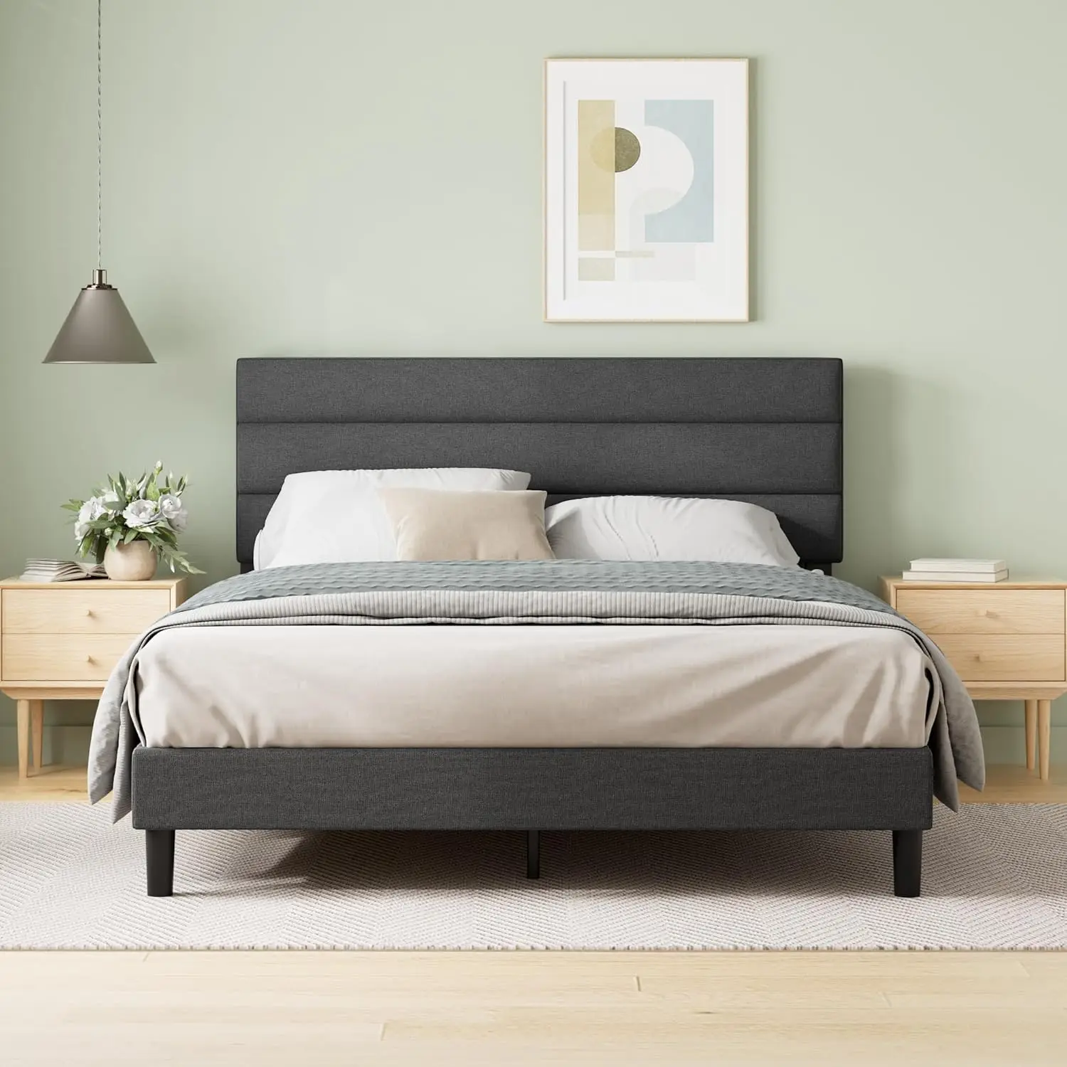 King Piper Upholstered Platform Bed with Horizontal Paneled Headboard, Wooden Slat Support, No Box Spring Needed, Easy Assembly,