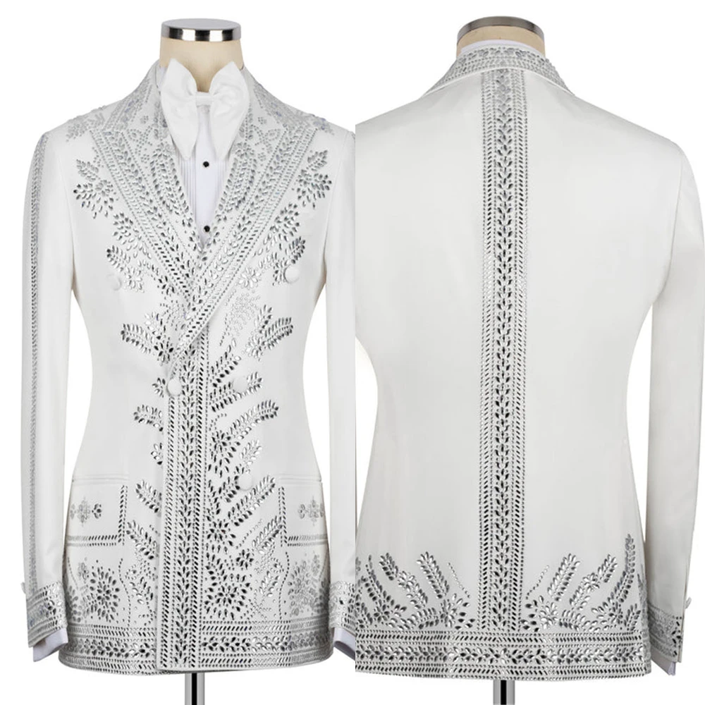 럭셔리 신랑 예복 웨딩 턱시도 맞춤 비즈 장식 프롬 블레이저 더블 브레스티드 수트 남성 2피스 남성 리셉션 의류