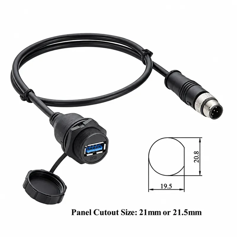 IP67 Industrial USB 3.0 Connection Cable USB A Female to M12 5Pin B Code Flush Panel Mount Bulkhead Cable Compatible IFM