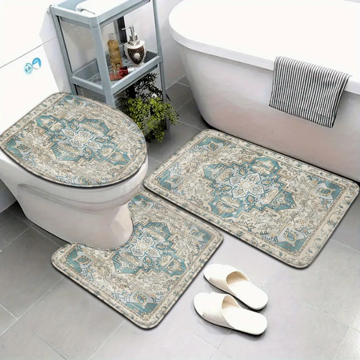 3-piece Persian series cyan floral pattern bathroom mat set toilet seat U-shaped foot mat suitable for bathroom decoration