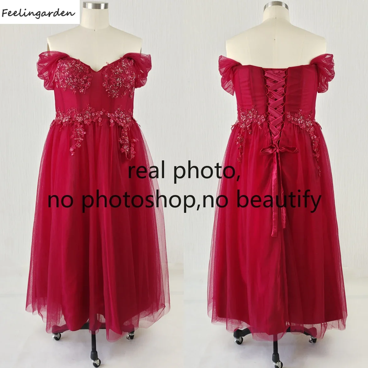 Feelingarden-Foto Real Vestido De Noite Para Mulheres, Vinho Vermelho, Apliques De Contas, Fora Do Ombro, Tornozelo-Comprimento, Vestidos Formais De Festa, Tamanho Grande