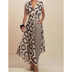 Women's Sexy Sleeveless Two Pice Set V Neck Long Top New Fashion Slim Print Wide Leg High Waist Pants Set 2024 Office Lady Suit