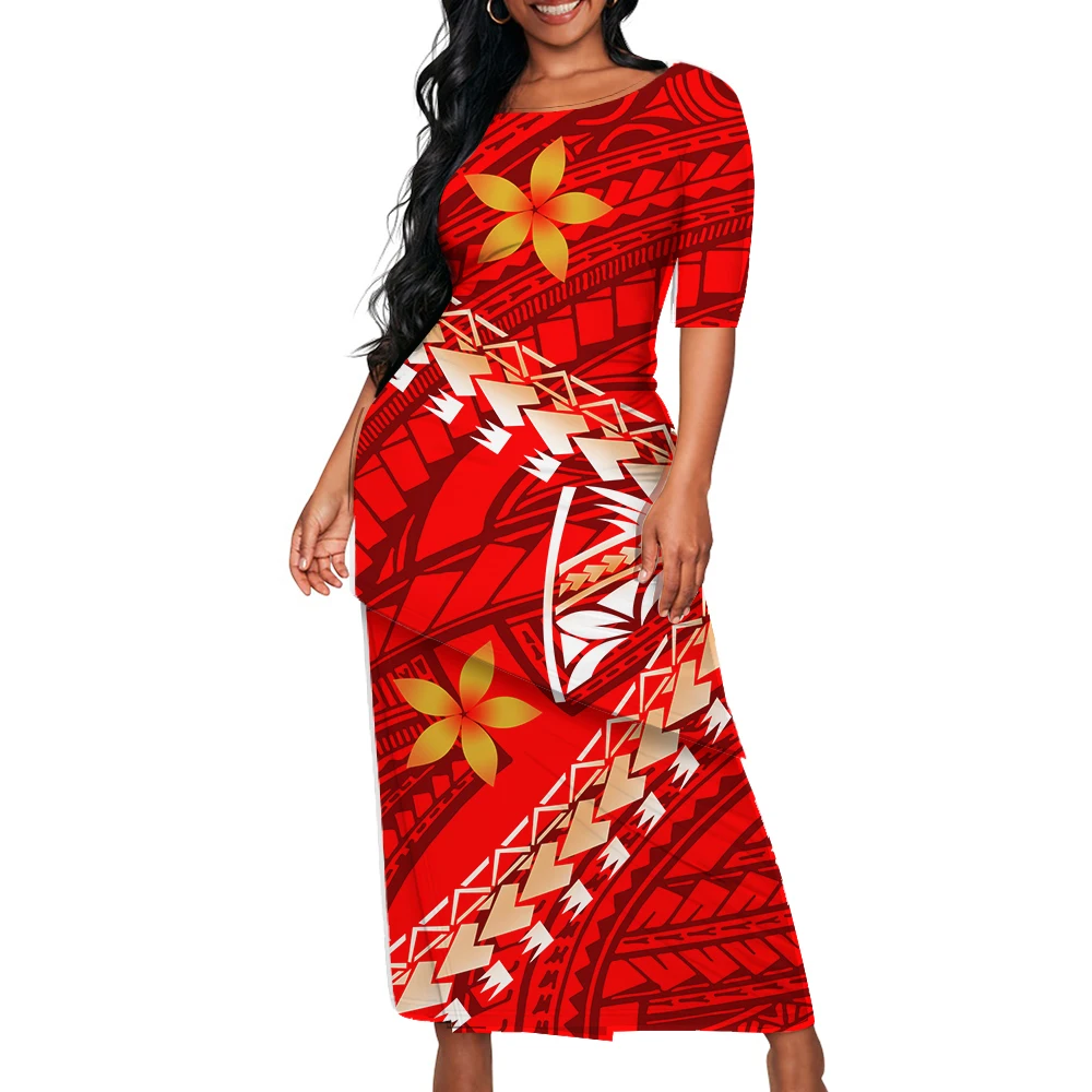 Samoan Party Summer Women'S Dress With Crew-Neck Mid-Sleeve Polynesian Art Print Puletasi Top And Long Skirt 2024 New