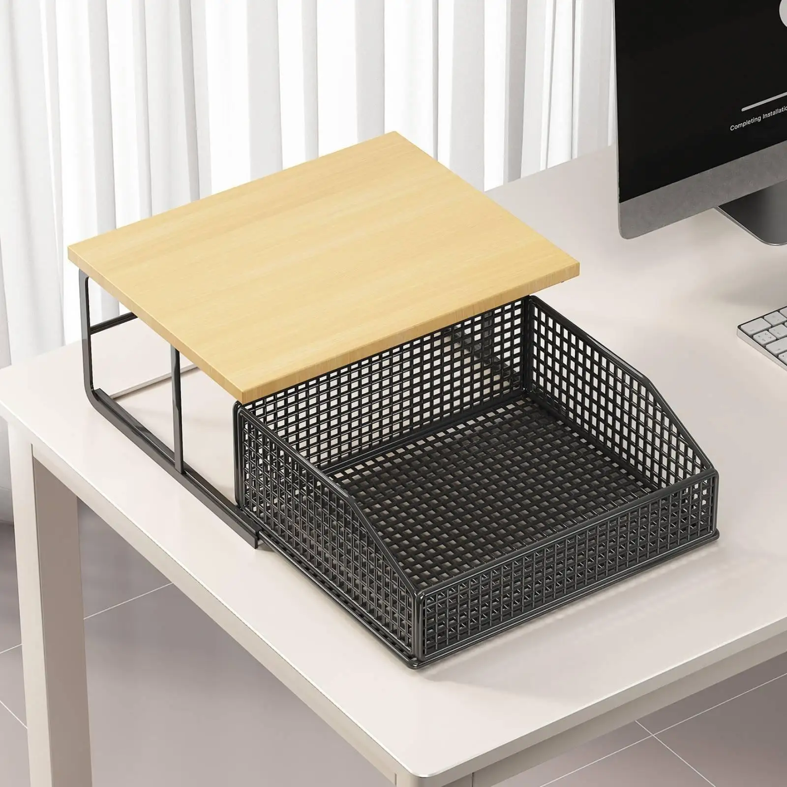 Space Saving Desktop Printer Shelf with Lower Basket Organizer for Students Home Office Modular Desk Computer Printer Cabinet