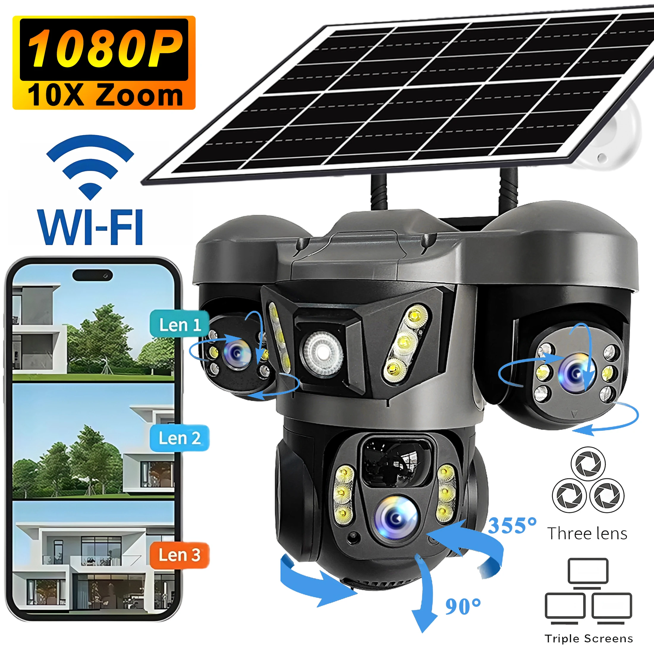 

Камера V380 PRO с 3 объективами, Wi-Fi, солнечной батареей, 1080P, водонепроницаемая, HD, уличная, с ночным видением, двусторонней аудиосвязью и датчиком движения