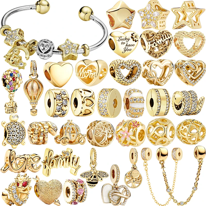 

Сверкающие позолоченные семейные деревья, звезда, сердце, защитная цепочка, зажим, подвесные бусины, подходят для оригинального серебряного браслета 925, ювелирные изделия своими руками, подарки