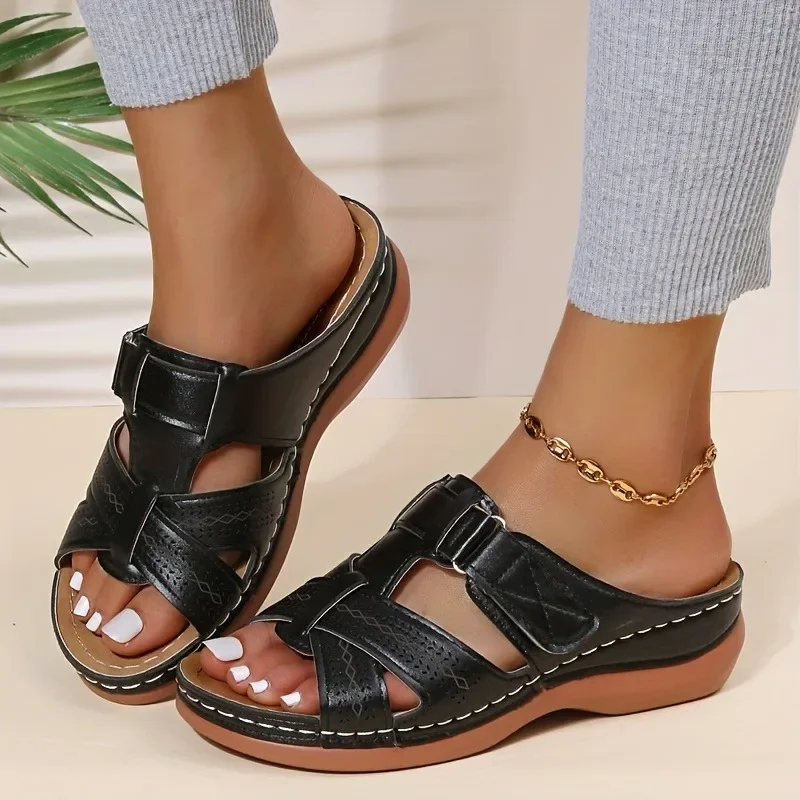 2026 Sommer Damen Keilsandalen Premium Orthopädische Offene Zehen Sandalen Vintage Rutschfeste Leder Freizeitschuhe Damen Plateau Retro Schuhe – Detail 4