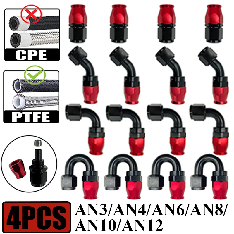 4X AN3 AN4 AN6 AN8 AN10 Straight/45°/90°/180° Degree Reusable Fuel Hose End Fittings Adapter For Swivel PTFE Oil Line Brake Pipe