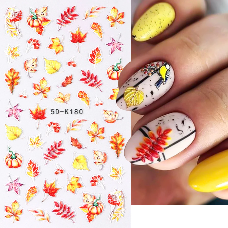 1 pz 5D autunno foglie Nail Art adesivi foglia d'acero farfalla fungo ombrello inciso cursore in rilievo decorazione Manicure autunnale