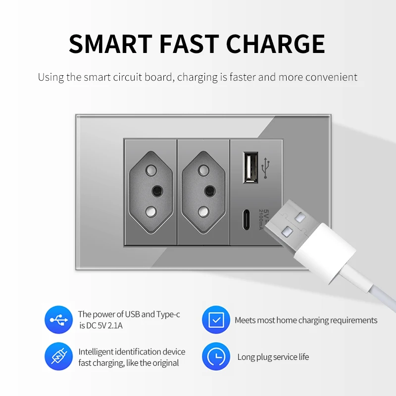 PSSRISE Brazil EU US Wall Switch Socket with 5V 2.1A USB Type-c Charger Power Outlet Tempered Glass Panel Light Switch 118*74mm