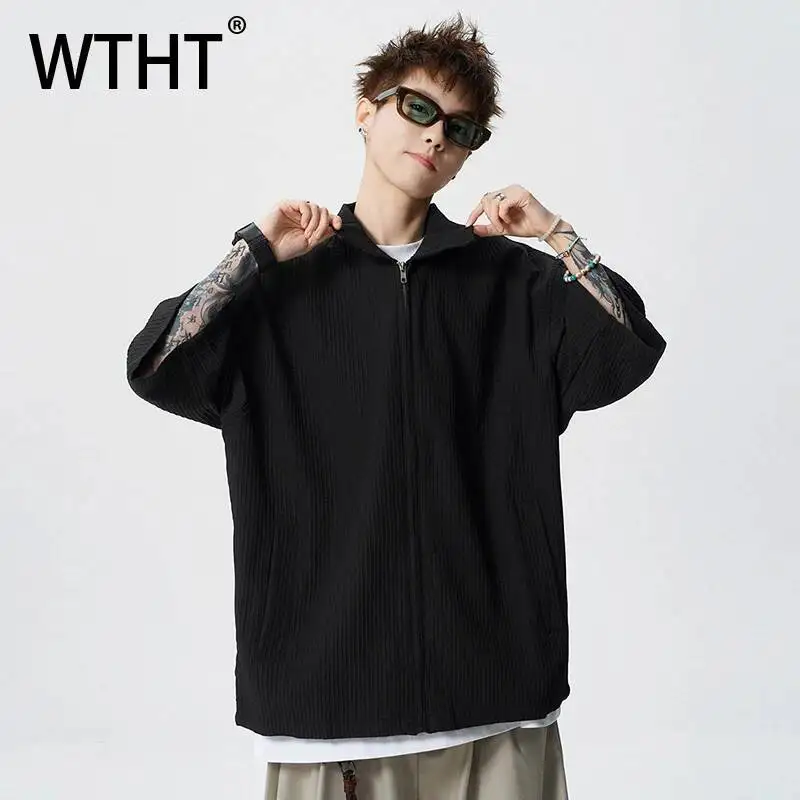 WTHT Trendy 2026 Summer Men's Solid Color Texture Casual Coats Fashion 2026 Summer Lapel Short Sleeves T-shirts Male 2A2875