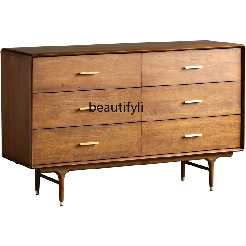 

yj15 Nordic Mid-Ancient Industrial Style Boxwood Solid Wood Metal Chest of Six Drawers Side Cabinet Storage Cabinet Walnut Color