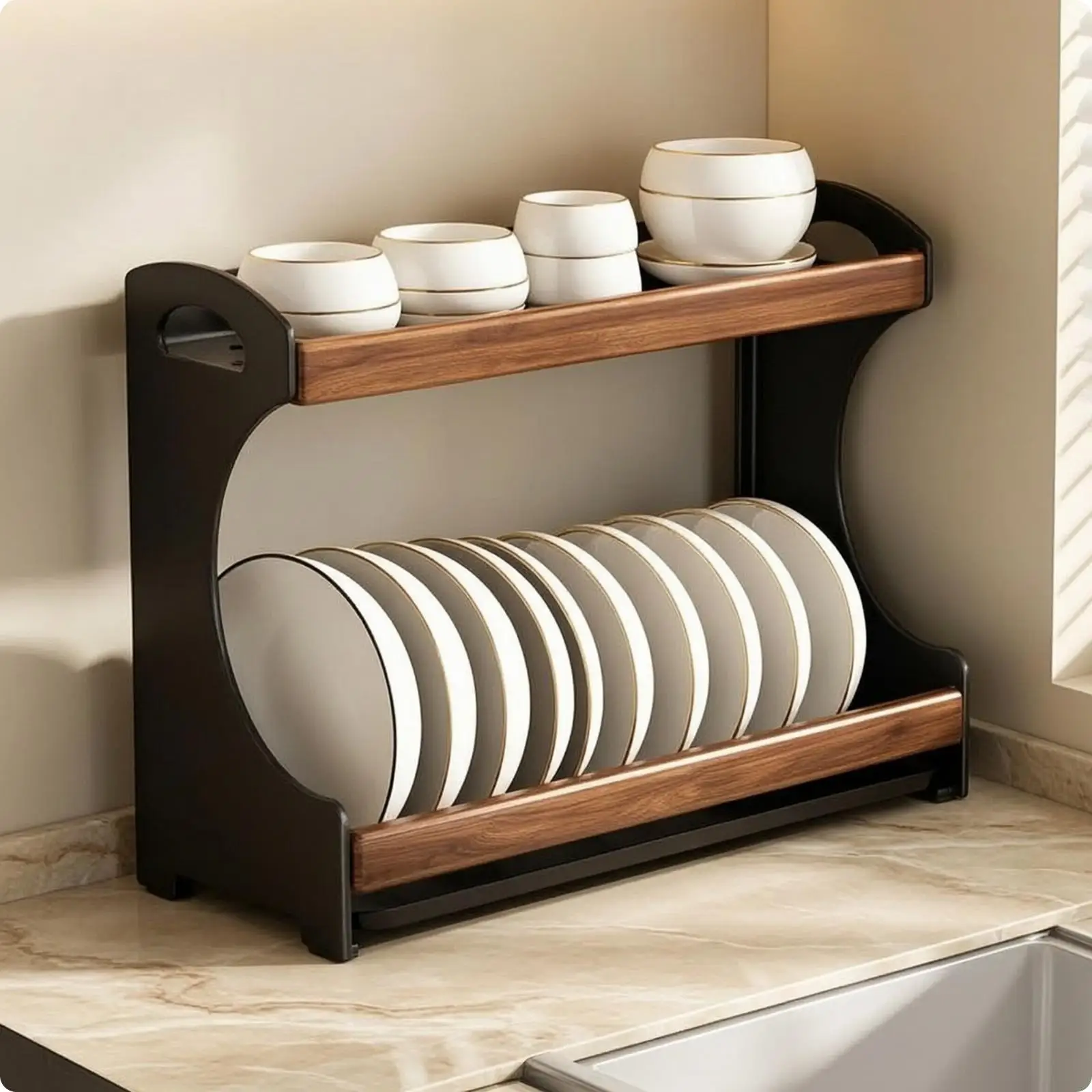 Kitchen Dish Rack Compact Double Layer Drainer Shelf Carbon Steel Frame Walnut Rails with Tray for Drying Dishes