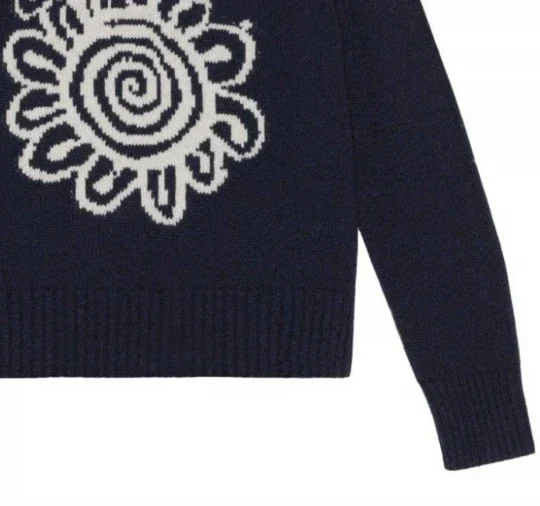 Real wool  Pullovers For Women 24GA ... Logo navy blue flower pattern crew neck wool sweater knitted Jumper  top