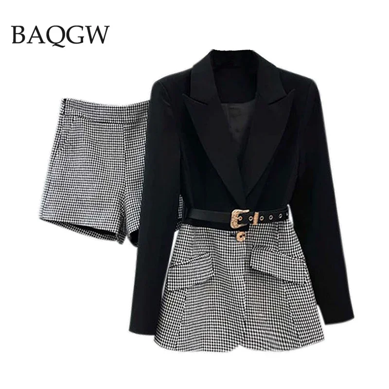 Korean Patchwork Plaid Shorts Two Piece Set Women Lapel Long Sleeve Blazer +Wide Leg Shorts Casual Office Lady Sets with Sashes