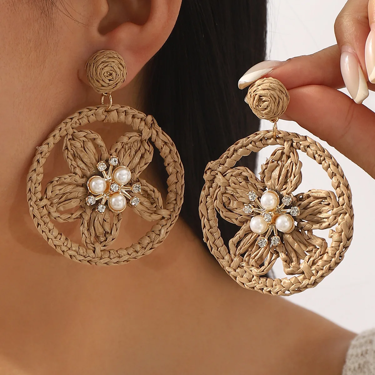 E13765 Cross-border hand-woven raffia flower with diamonds pearl stud earrings seaside vacation style earrings women