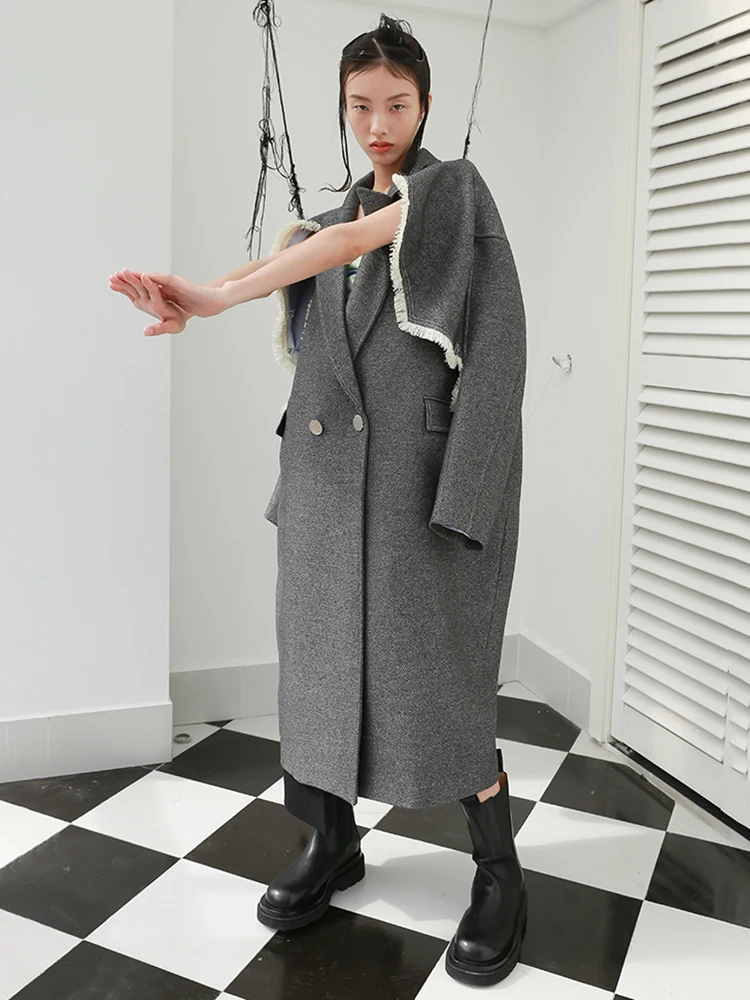 [EAM] Gray Burr Hollow Out Big Size Long Woolen Coat New Lapel Long Sleeve Women Jacket Fashion Tide Autumn Winter 2024 1DH7225